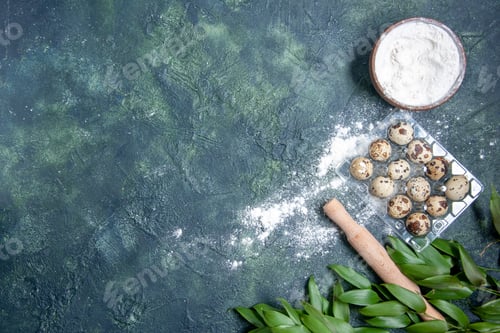 Preview: top view white flour with eggs on dark blue background dough food pastry oven cake pie dust bake