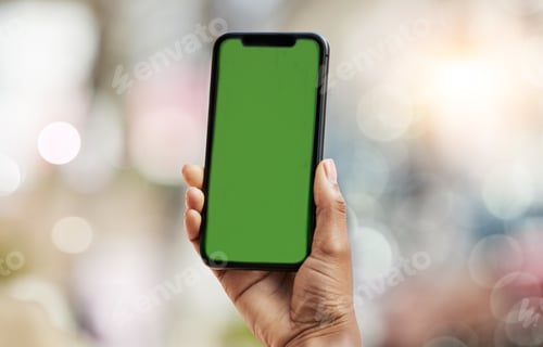 Preview: Smartphone, green screen and person hands in city for social media, advertising and website ui or u