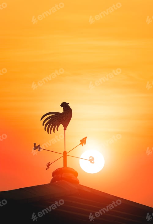 Preview: Silhouette rooster weather vane on top of hip roof of vintage house against sunrise sky background