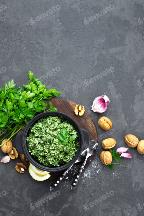 Preview: Pesto. Italian pesto with fresh pasrley, garlic, lemon juice, walnuts and olive oil