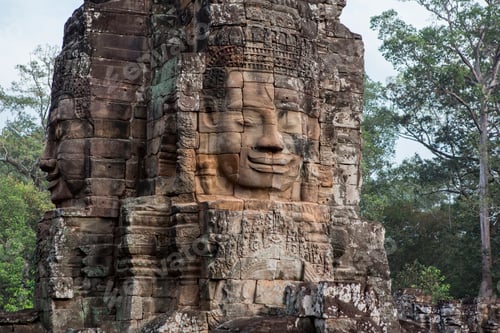 Preview: A serene stone face, etched into the ancient temple ruins amidst a forest backdrop.