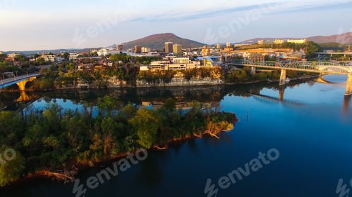 Preview: High angle shot of cityscape with high buildings and a bridge near the sea in Chattanooga, Tennessee