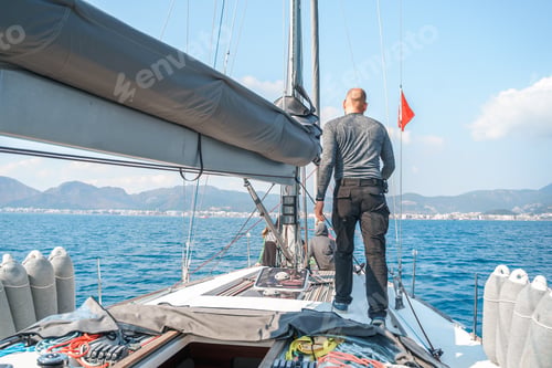 Preview: Voyage race sail on professional sport sea yacht. Yachting summer vacation cruise . Captain