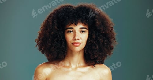 Preview: Portrait, confident and woman with afro hair care, studio and treatment for wellness and health. Fa