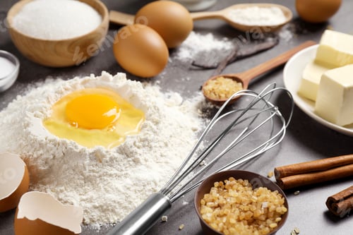 Preview: Fresh ingredients for delicious homemade cake on grey table
