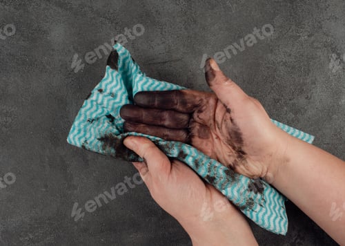 Preview: Cleaning dirty hands with a piece of clothes, fuel oil, mechanic worker, repair service