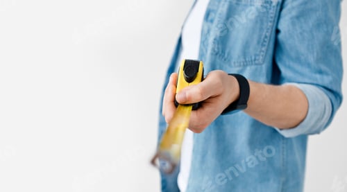 Preview: Carpenter, handyman, construction with tape-line and engineer size measuring for repair