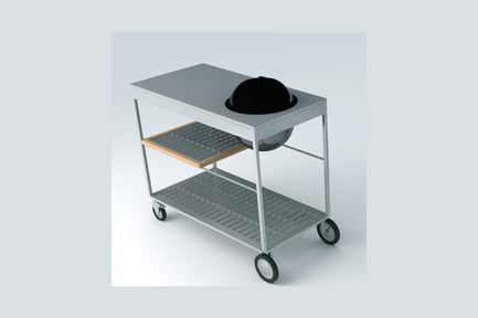 Visualização: Carrinho de cozinha com churrasqueira e prateleiras de armazenamento