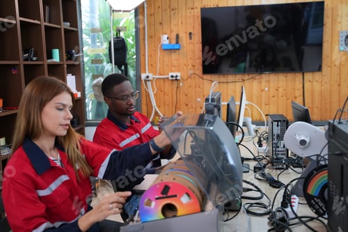 Preview: Engineers are working at 3D printing workshop.