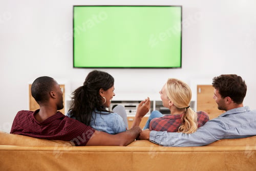 Preview: Rear View Of Group Of Young Friends Watching Television Together