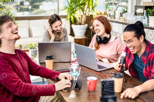 Preview: Digital native friends group sharing content speaking on streaming platforms