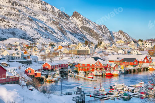 Preview: Astonishing snowy morning cityscape of Sorvagen town.