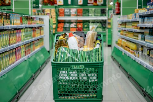 Preview: Shopping Cart Full of Groceries in the Supermarket, Vegetables on Background - Consumerism Concept