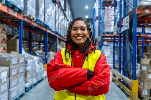 Preview: Smiling woman working in cold storage logistics warehouse