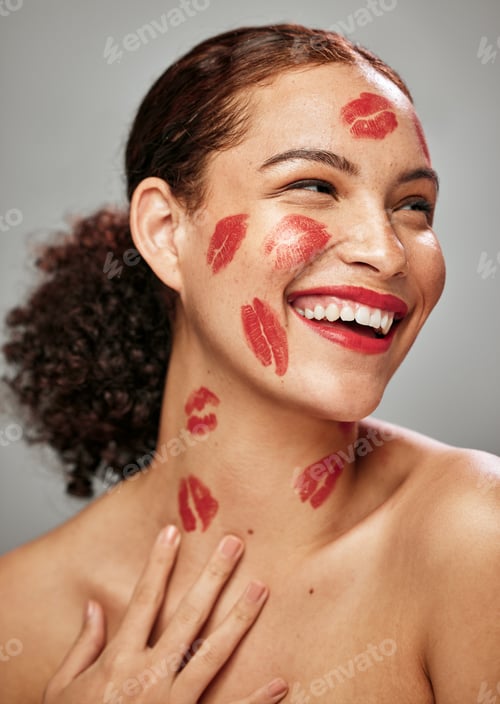 Preview: Beauty, makeup kiss and red lipstick on face of woman model for cosmetics and skincare. Headshot of