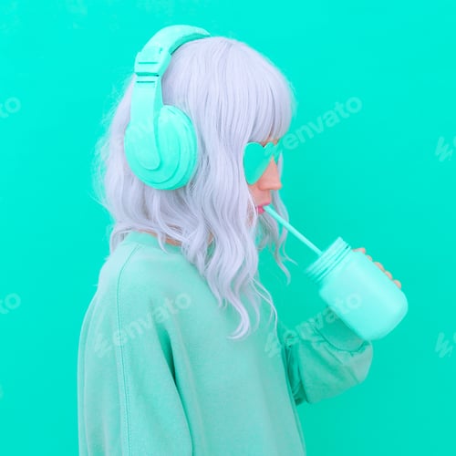 Preview: Dj girl drink fresh Smoothie. Minimal aesthetic monochrome fashion design. Aqua menthe color trend