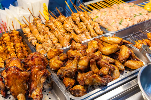 Preview: Different meat skewer in street market