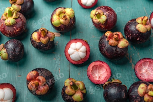 Preview: Mangosteen fruit on light blue wooden background,Tropical fruit