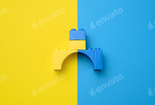 Preview: Plastic yellow-blue details of the children's designer. Children's educational game, top view
