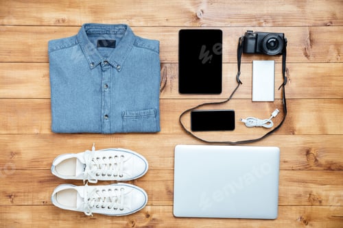 Preview: Travel concept shoes, shirt, mobile phone, laptop,mp3, usb, camera