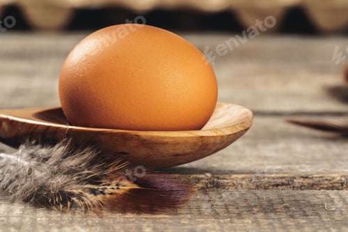 Preview: Close up of fresh chicken egg on nature wooden table