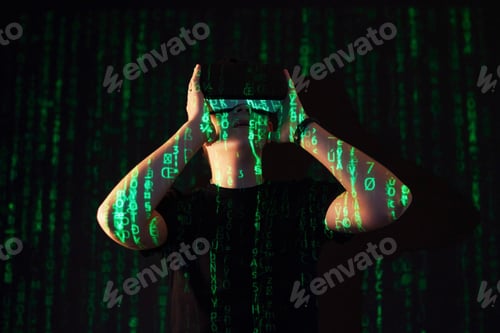Preview: Double exposure of a caucasian man and Virtual reality headset is presumably a gamer or a hacker