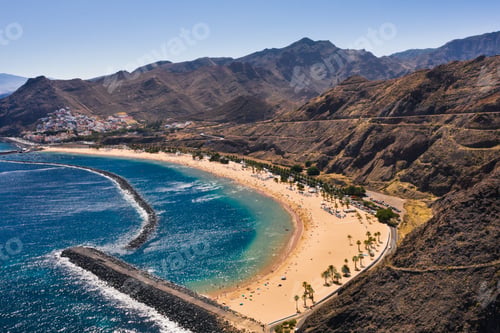 Preview: Top view of Las Teresitas beach with yellow sand. Near the city of Santa Cruz de Tenerife, Tenerife