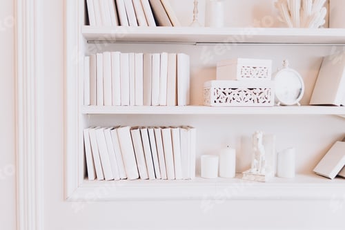 Preview: White Books and Objects on a White Bookshelf