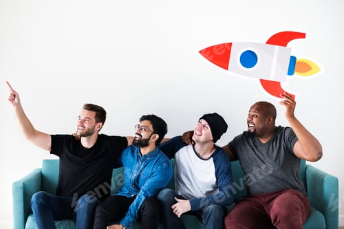 Preview: Group of diverse friends sitting on couch with spaceship icon