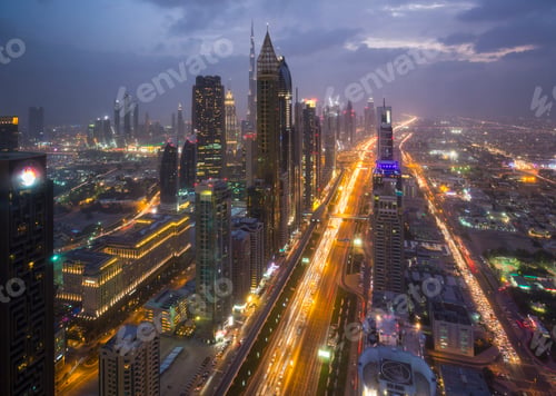 Preview: Skyscrapers along Sheikh Zayed Road at evening rush hour, Dubai, UAE