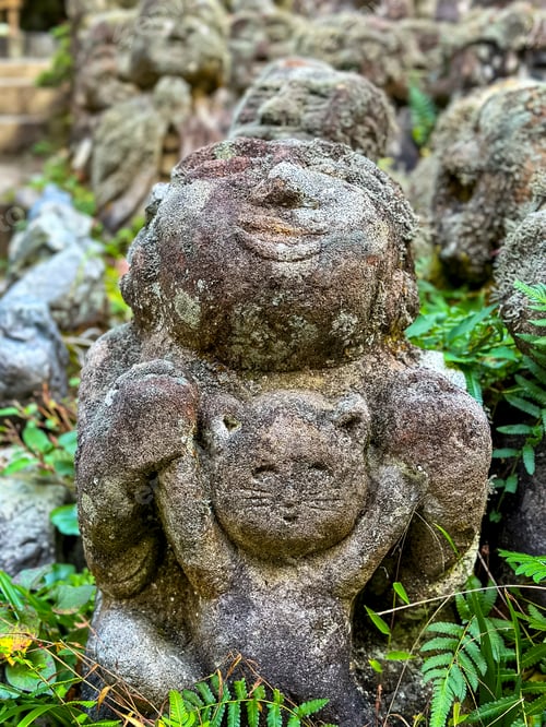 Preview: Moss Covered Buddhist Rakan Stone Sculptures at Otagi Nenbutsu-Ji Buddhist temple in Kyoto, Japan. A
