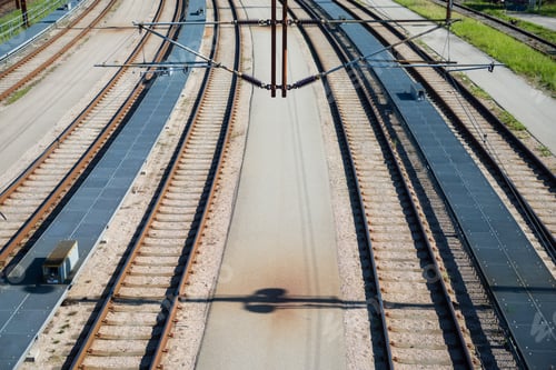 Preview: high angle view of railway at sunny day, copenhagen, denmark