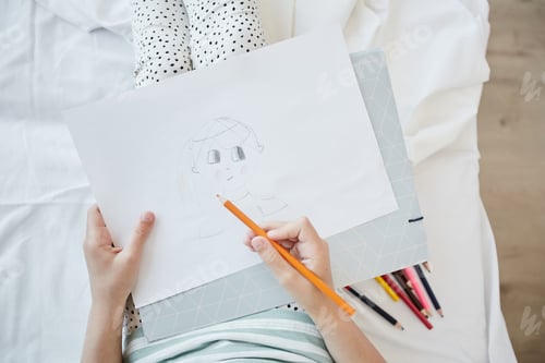 Preview: Girl Drawing Pictures Above View