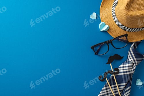 Preview: Fathers' Day congrats theme showcasing top view of straw hat, elegant necktie