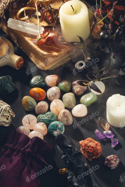 Preview: Esoteric Occult Altar with Runes Stones on Black