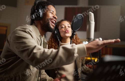 Preview: Music, man and woman recording in studio in home, singing into microphone with headphones and talen