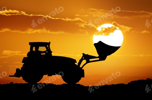 Preview: Tractor and sun into shovel bucket.