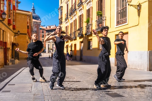 Preview: Group of contemporary dancers performing street choreography in madrid