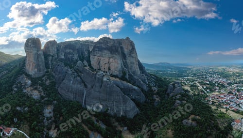 Preview: Meteora Greece rock at sunrise, Blue sky over rocky landscape. Europe travel destination