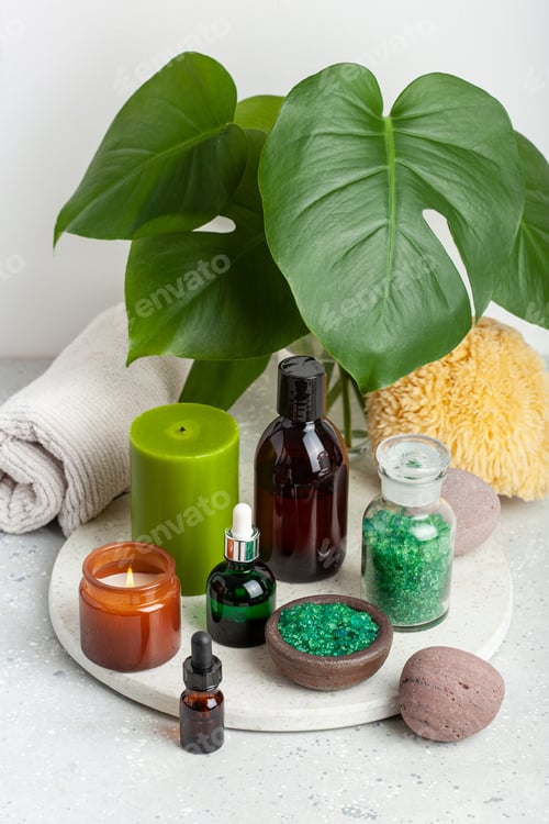 Preview: zero waste friendly hygiene reusable cosmetic bottles, essential oils, cotton pads, buds