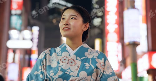 Preview: Thinking, Japanese woman and smile with decision, travel and opportunity with wonder, night and lig