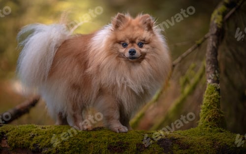 Preview: Closeup shot of an adorable fluffy pomeranian dog on a mossy branch