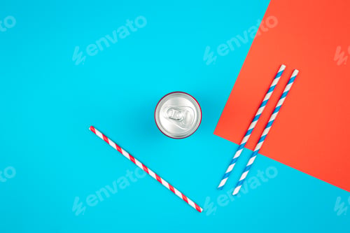 Preview: Aluminum drink or beverage can with pull ring on colored background, flat lay.