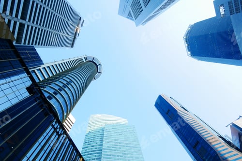 Preview: low angle view of singapore city buildings.