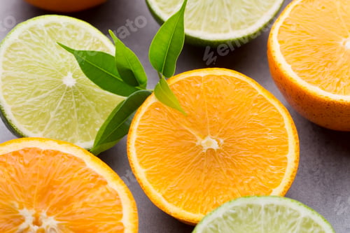 Preview: Mixed citrus fruit lemons, orange, kiwi, limes on a gray background.