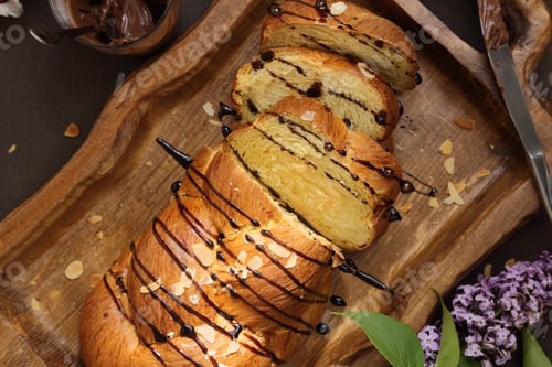 Preview: Sweet brioche bread on tray with chocolate spread