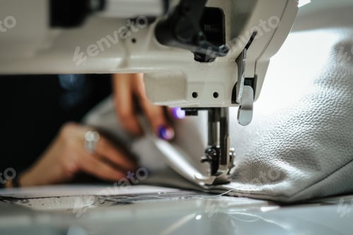 Preview: Closeup of female hands sewing gray leather on a machine
