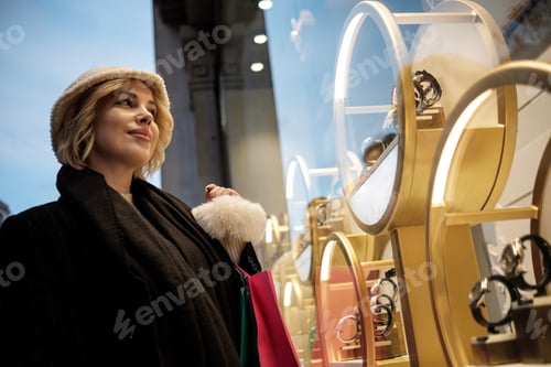 Preview: Portrait of young woman looking at a window shop jewelry.