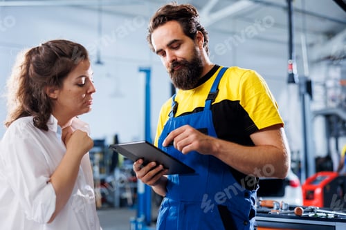 Mechanic Explaining Automotive Repair to Customer in Workshop
