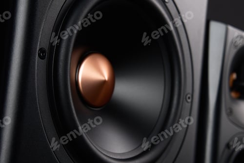 Preview: Sound speaker on dark background, close up